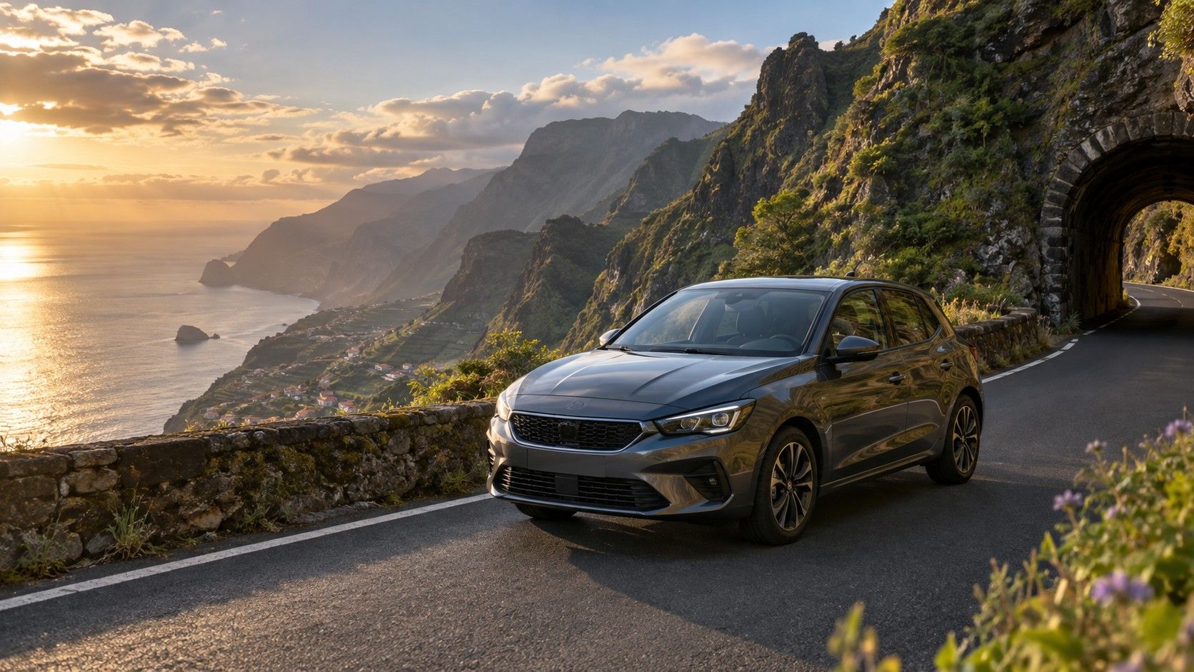 A small rental car on a Madeira mountain road