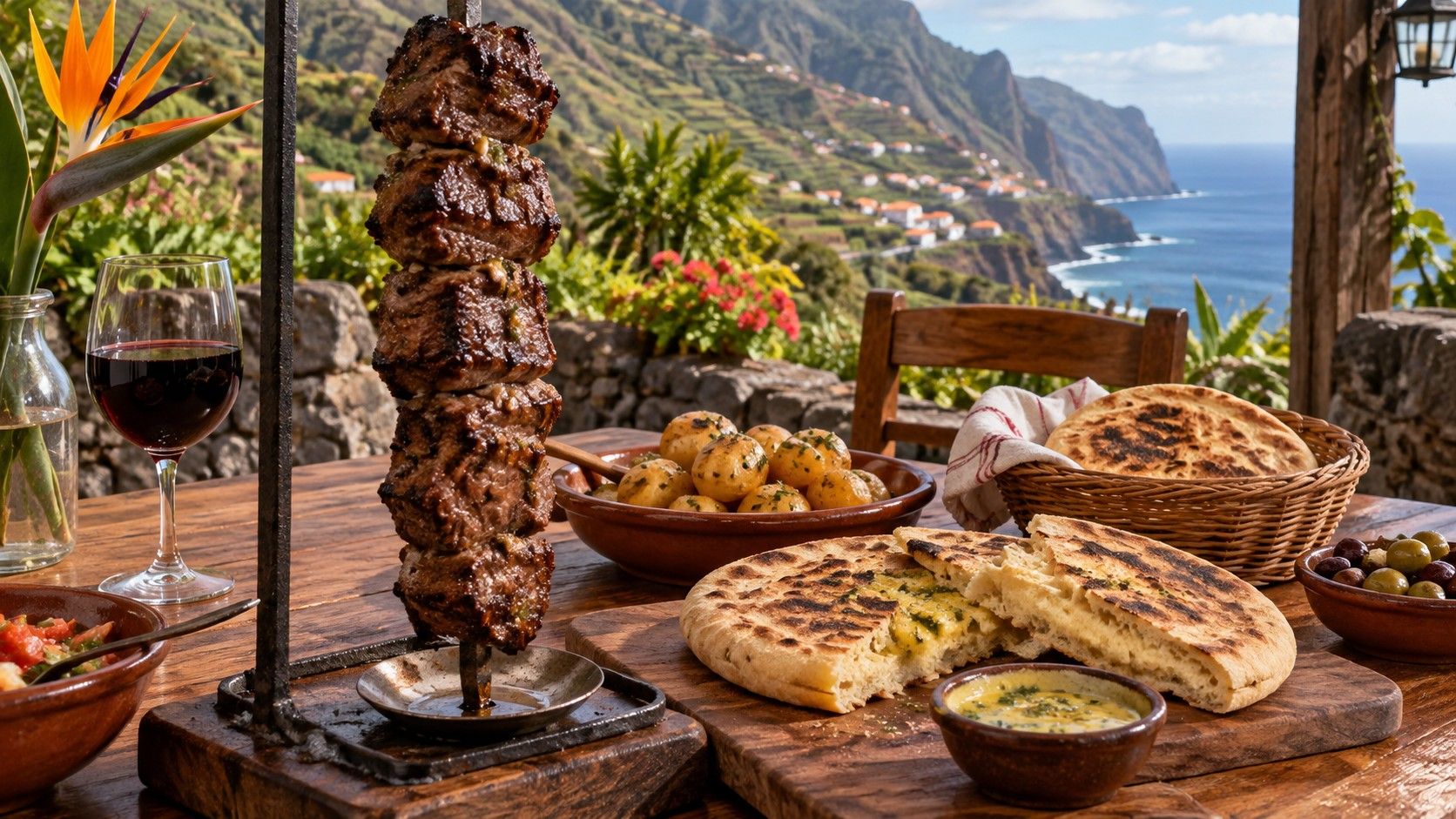 Traditional Madeiran dinner table with espetada and bolo do caco